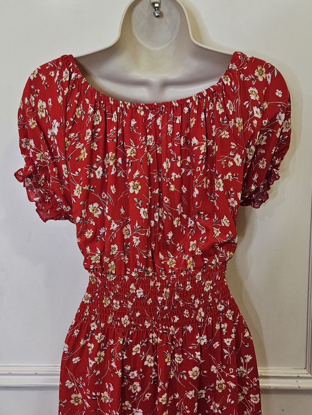 Kindred Red Multi Floral Short Sleeve Front Split Smocked Maxi Dress,X-Large - Picture 8 of 16